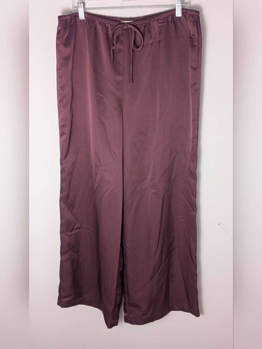 Hiatus Women's Tie Waist Wide Leg Satin Pants Maroon Dark Red New Size XL